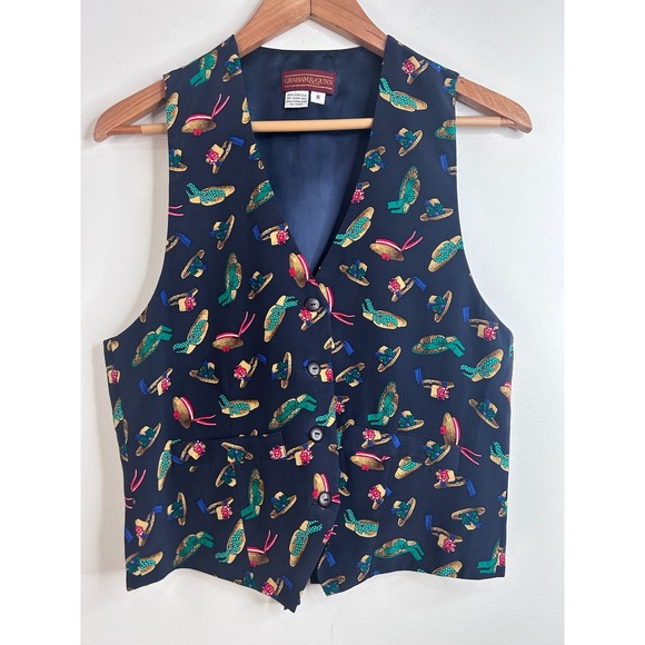 Graham & Gunn Jackets & Blazers - Graham & Gunn Vintage Silk Vest Navy Blue Novelty Hat Print Waistcoat Sz Small